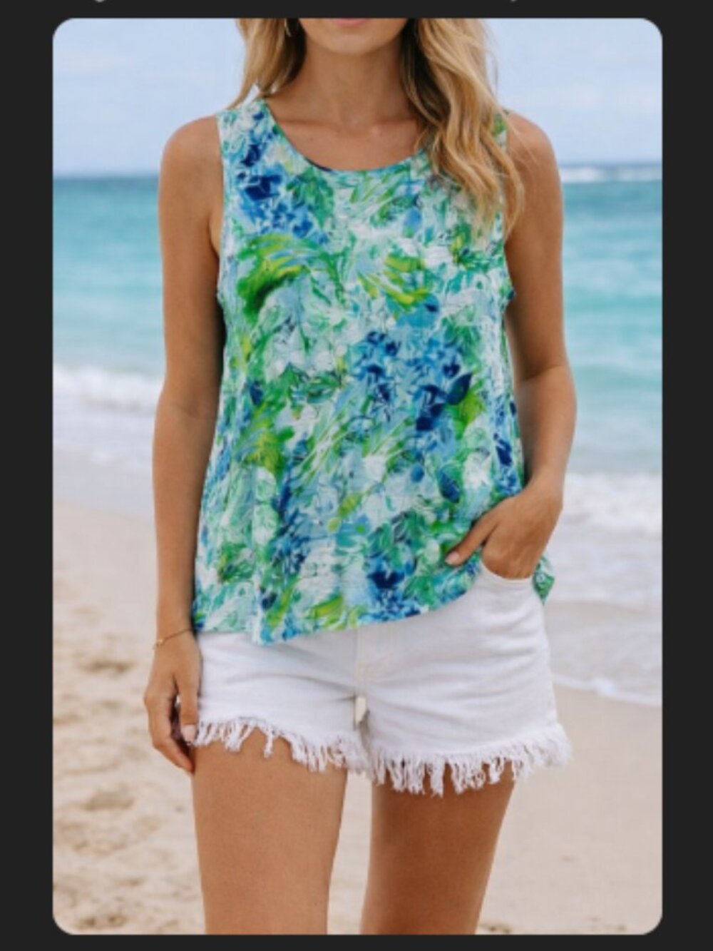 J. Jill 100% Linen Sleeveless Tank Top Loose Blue Green Floral Flowy Beach Small
